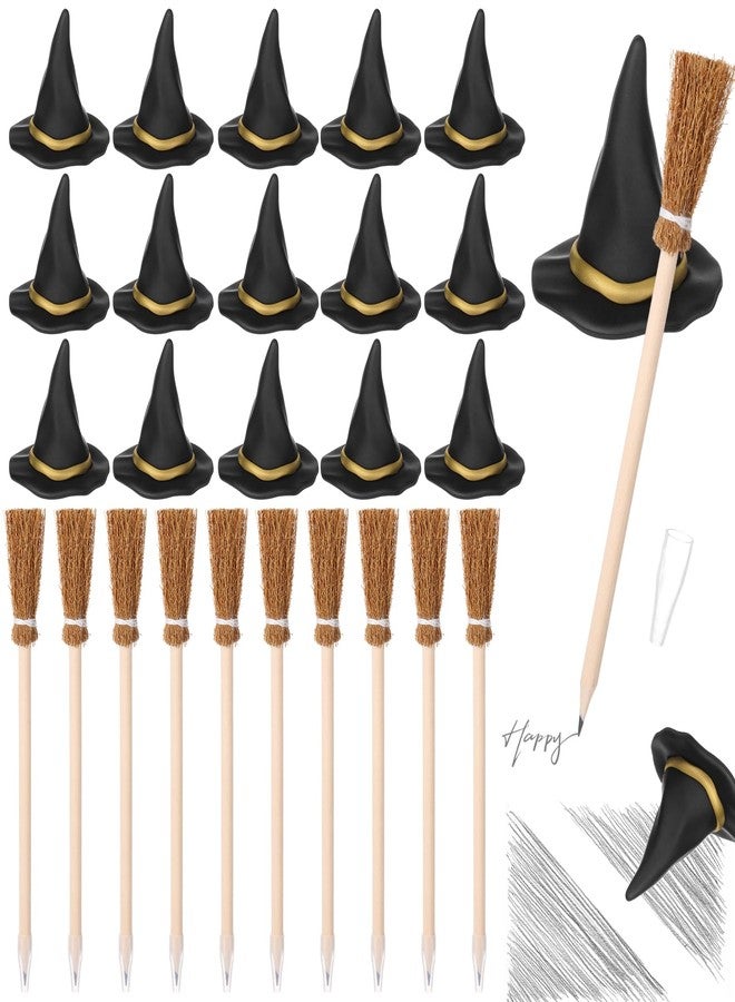 Fuyoooo 24 Pcs Witch Party Favors Set with 12 3D Small Witch Hat Eraser 12 Broom Broomstick Pencils for Wizard Party Favors Gifts Decoration Kids Classroom Reward Supplies (Broom Pen,Khaki) - Image 1